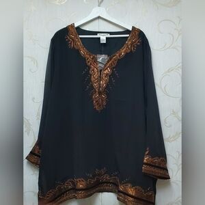 Ulla Popken Black Gold Beaded & Embroidered Blouse Nwt 28/30 4x